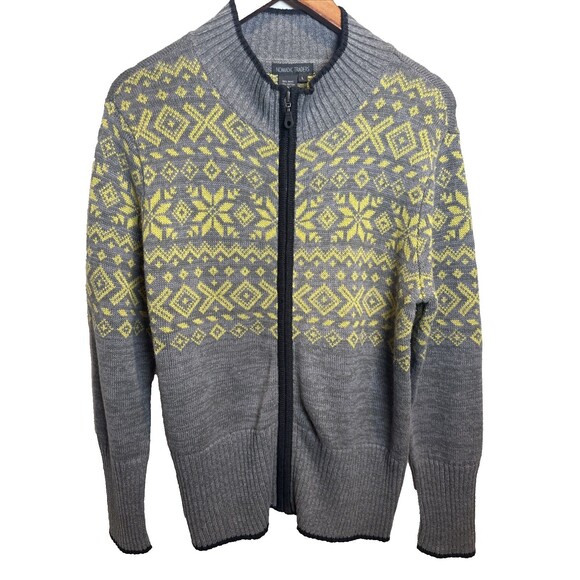 Nomadic Traders Full Zip Sweater Gray with Yellow Fair Isle  Women's Size Large - Picture 1 of 11